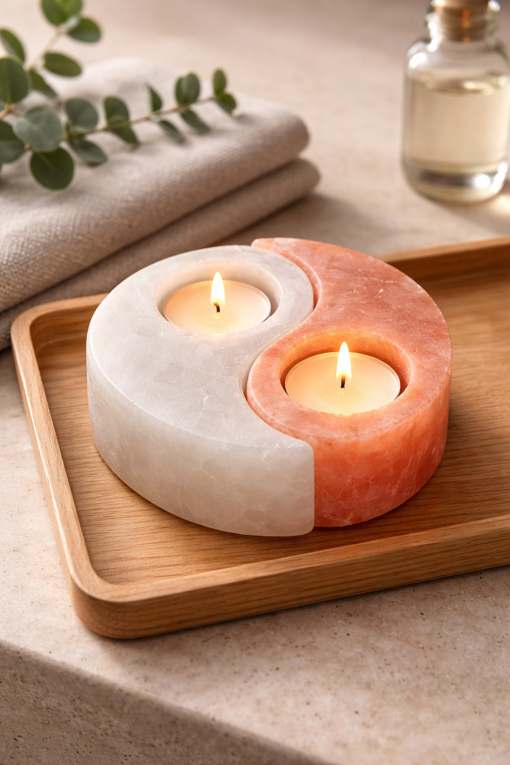 Yin & Yang Salzlampe/Salz- inkl. 2x Teelichter für Entspannung & Balance