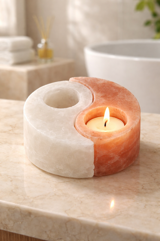 Yin & Yang Salzlampe/Salz- inkl. 2x Teelichter für Entspannung & Balance