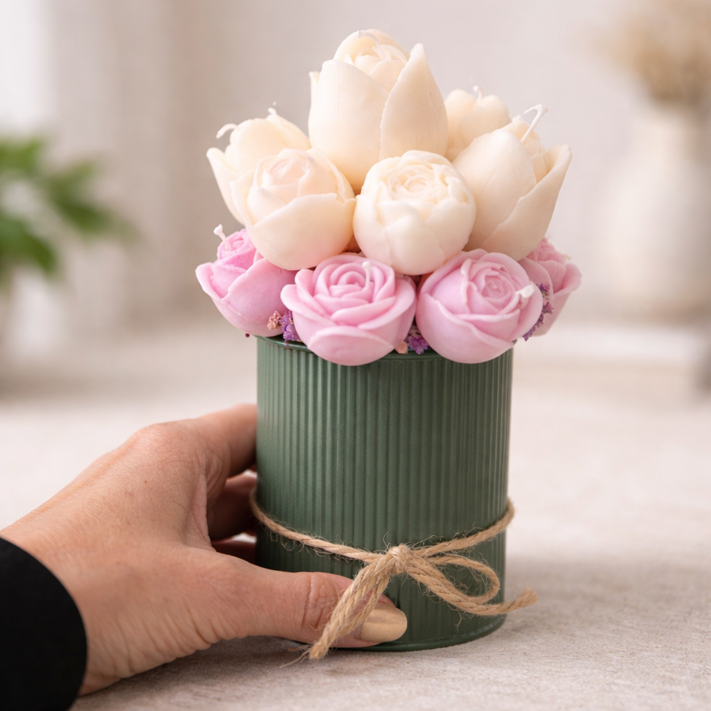 Silent Bloom – Rosenkerzen/Tulpen Arrangement | Ohne Pollen & individuell wählbar
