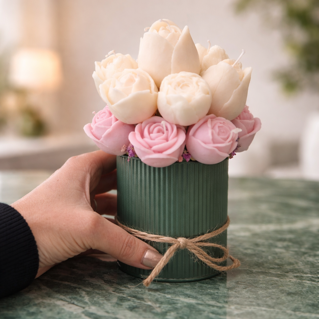 Silent Bloom – Rosenkerzen/Tulpen Arrangement | Ohne Pollen & individuell wählbar